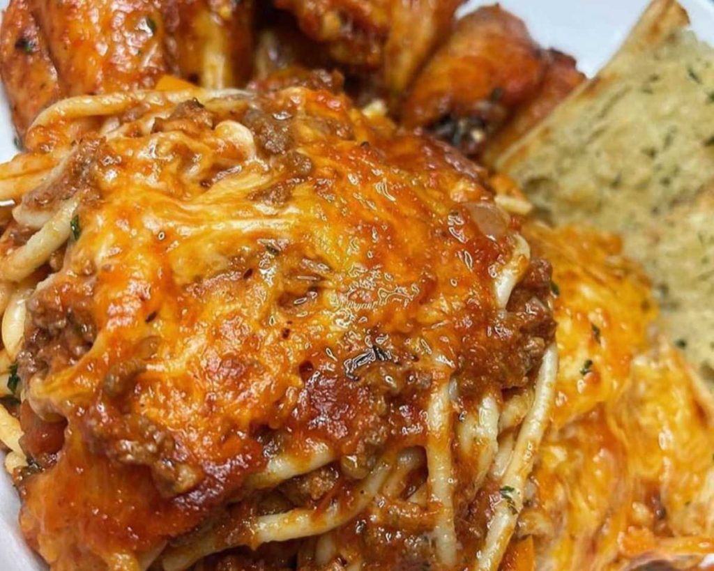 Cheesy Spaghetti Old Bay Wings Garlic Bread