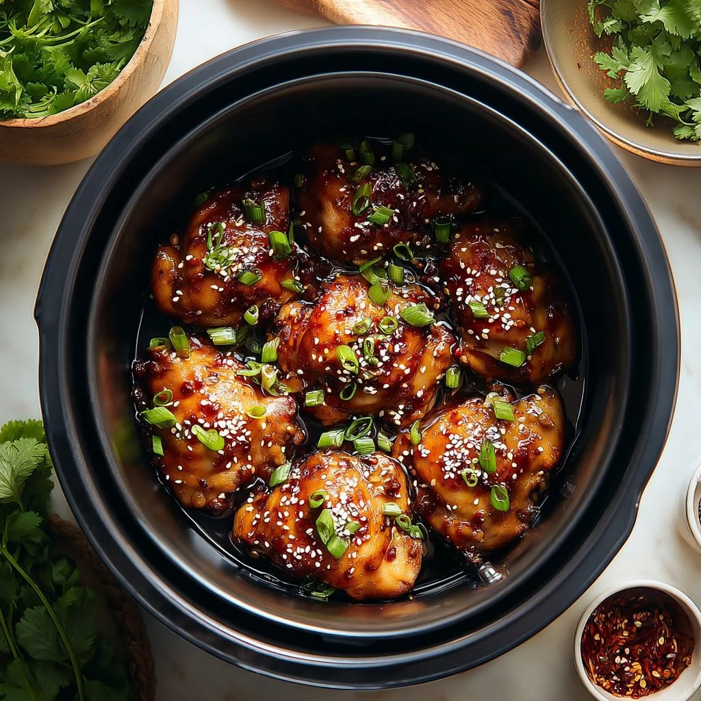 Air Fryer Korean Soy Garlic Chicken Thighs garnished with sesame seeds and green onions.