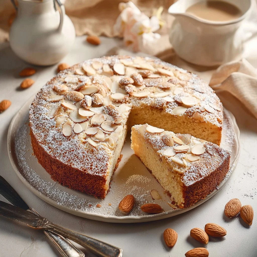 Delicious homemade almond cake served on a rustic wooden table