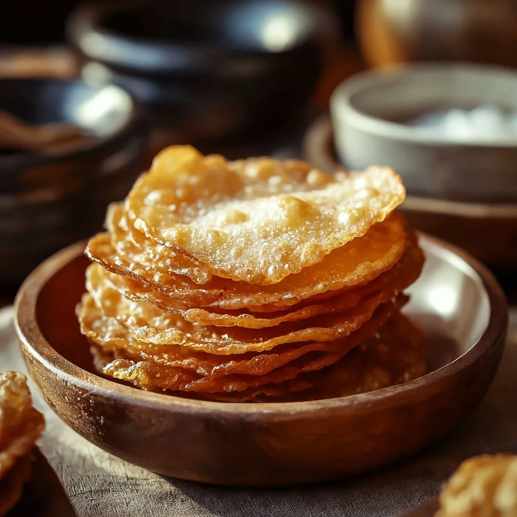 Delicious plate of authentic Mexican Buñuelos sprinkled with sugar.