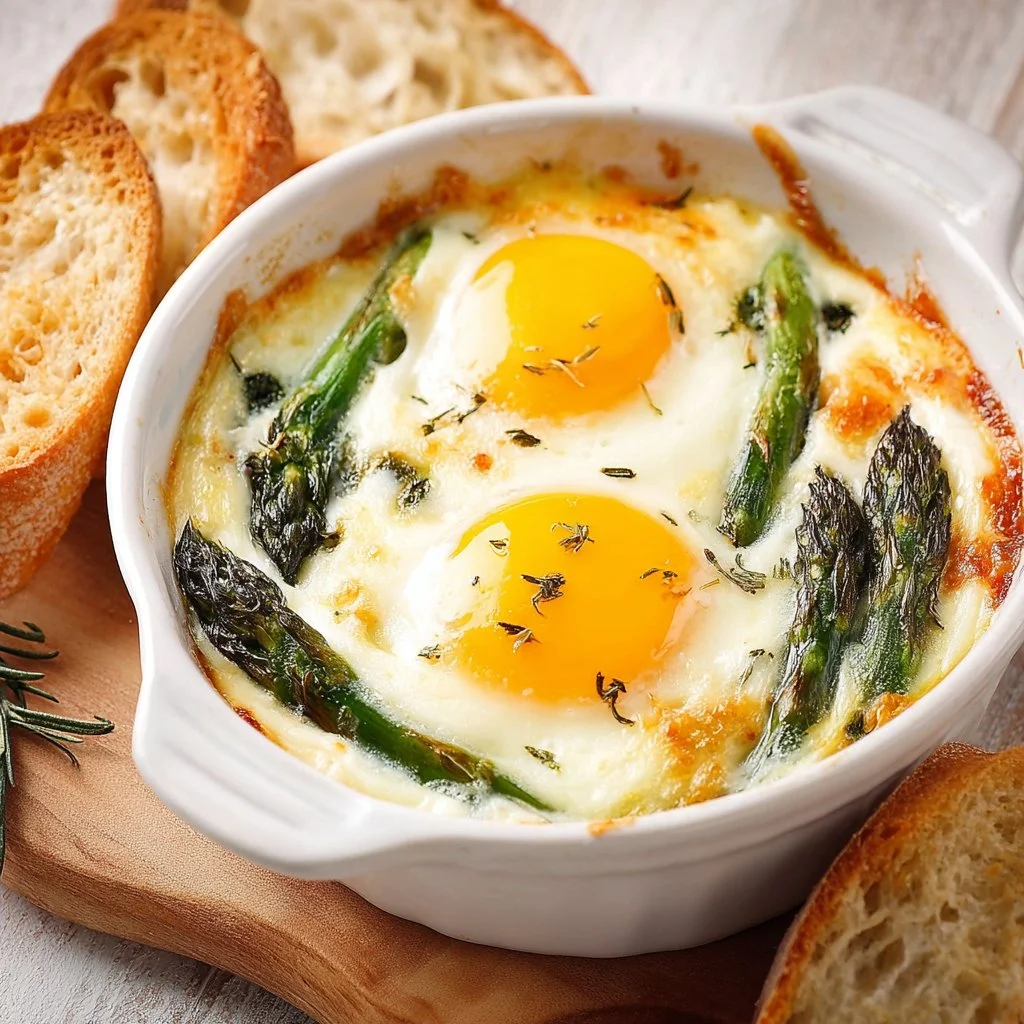 Baked eggs with asparagus in a rustic dish, topped with herbs.