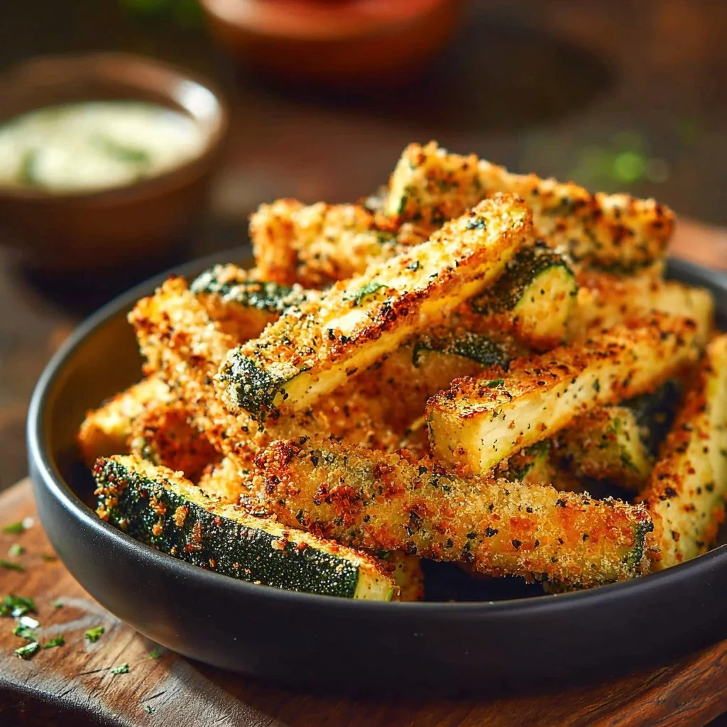 Crispy baked zucchini fries served with a dipping sauce