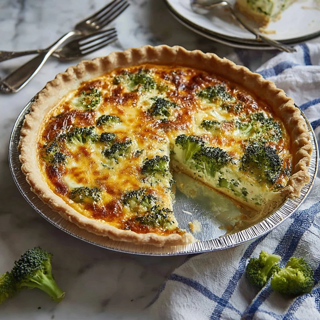 Broccoli cheese quiche served on a plate with a slice cut out