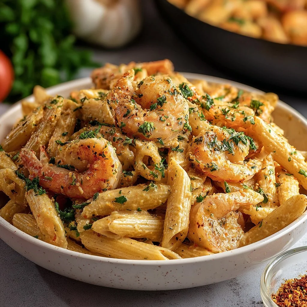 Delicious Cajun Shrimp Pasta served with a creamy sauce and garnished with herbs