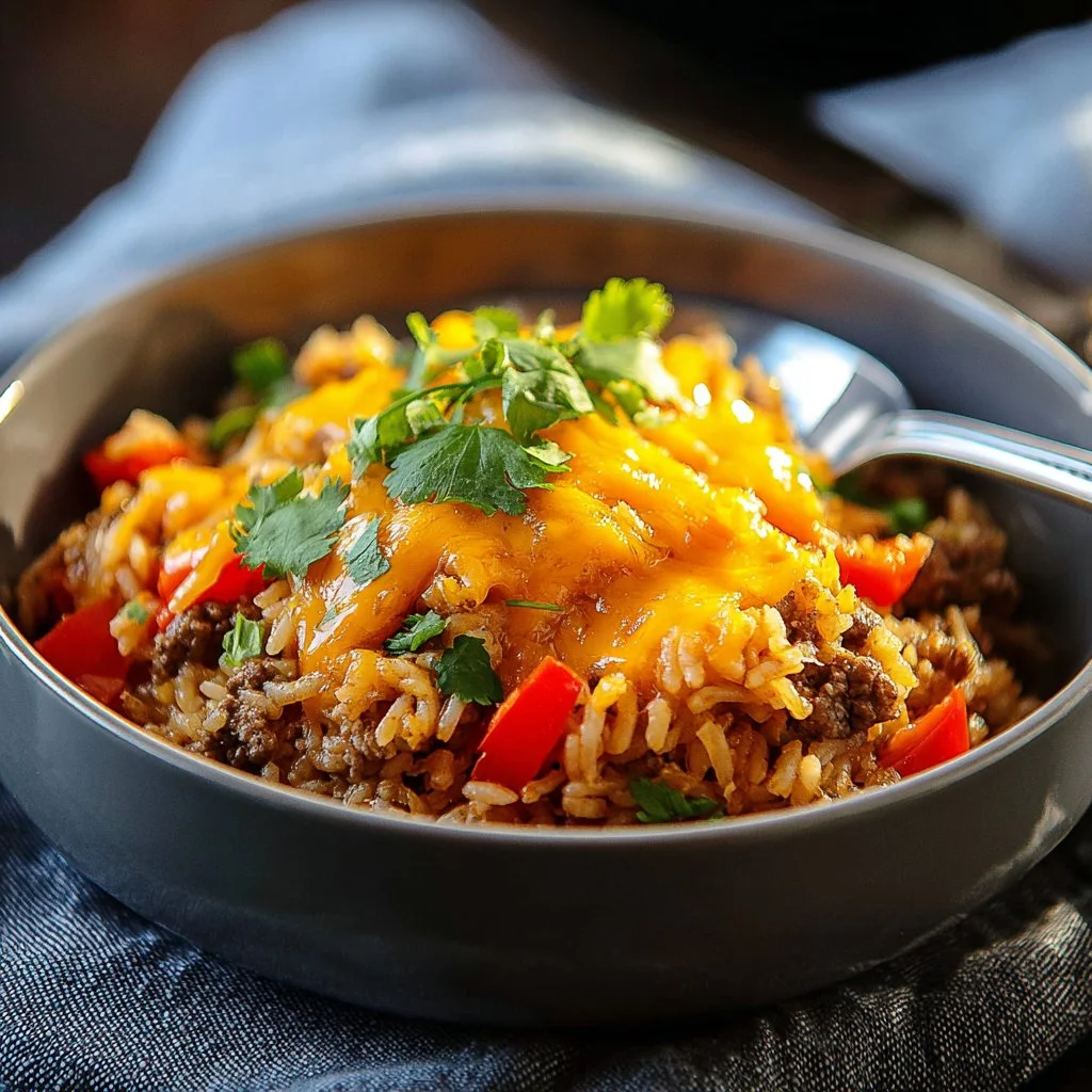 Delicious bowl of Cheesy Taco Rice topped with cheese and fresh ingredients