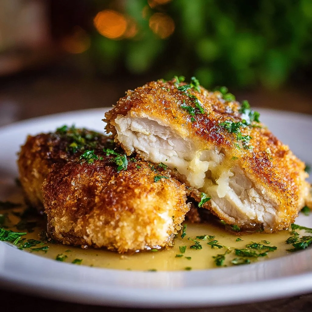 Delicious homemade Chicken Kiev with herbed butter filling