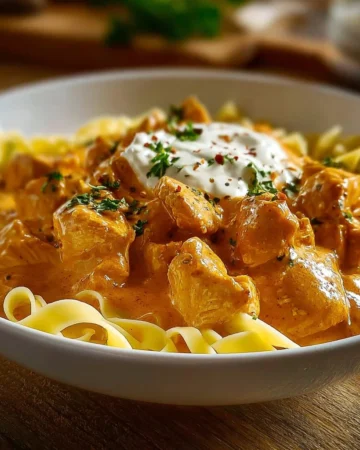 Delicious Chicken Paprikash served with creamy sauce and fresh herbs