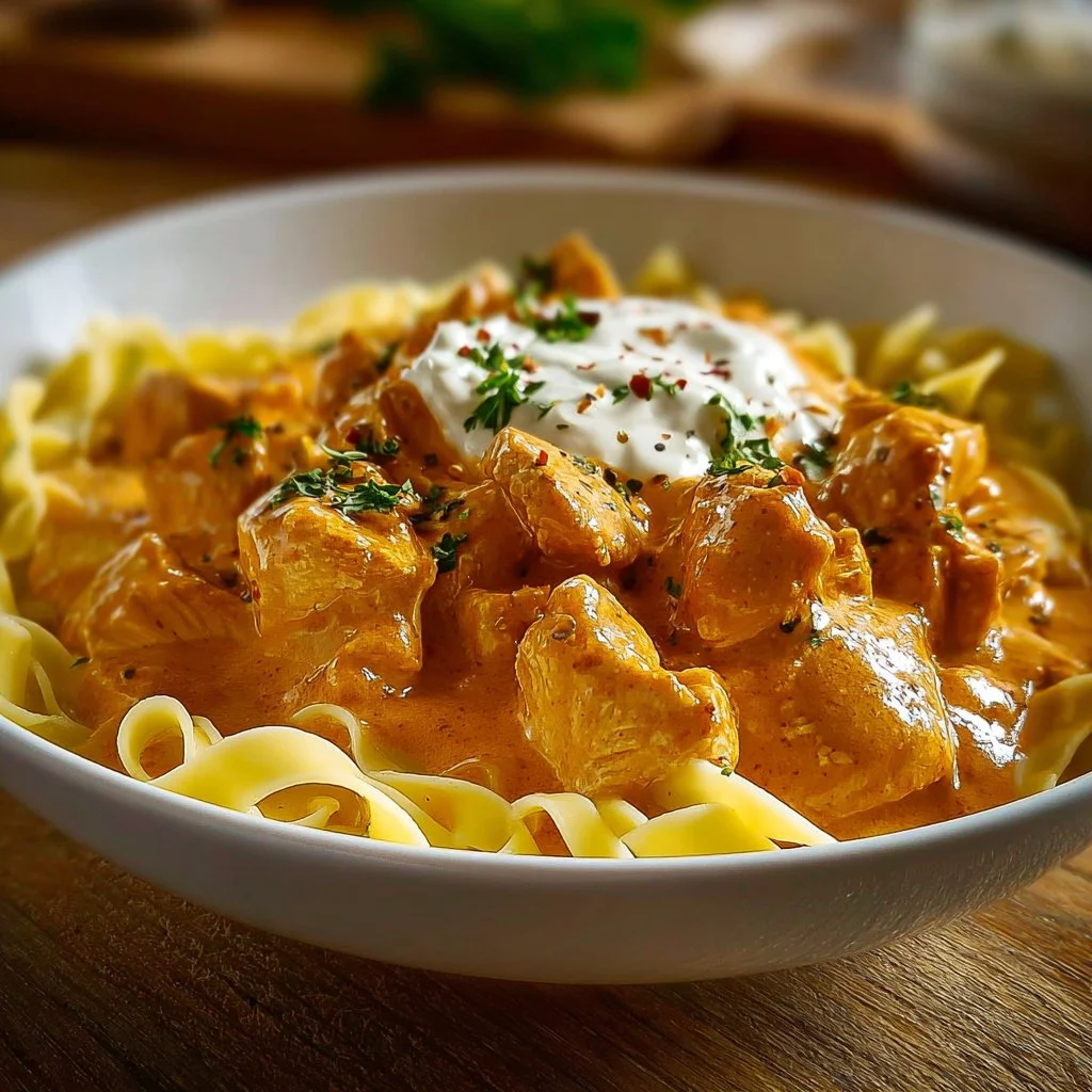 Delicious Chicken Paprikash served with creamy sauce and fresh herbs