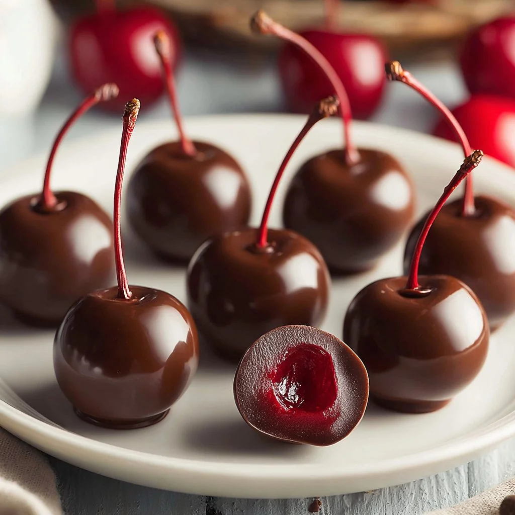 Delicious chocolate covered cherries on a white plate