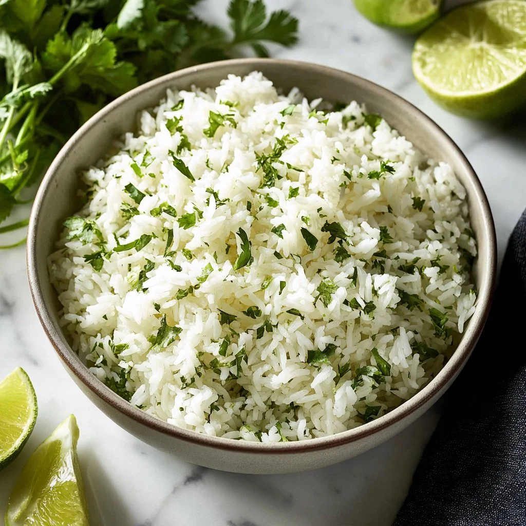 Bowl of cilantro lime rice garnished with lime slices and fresh cilantro