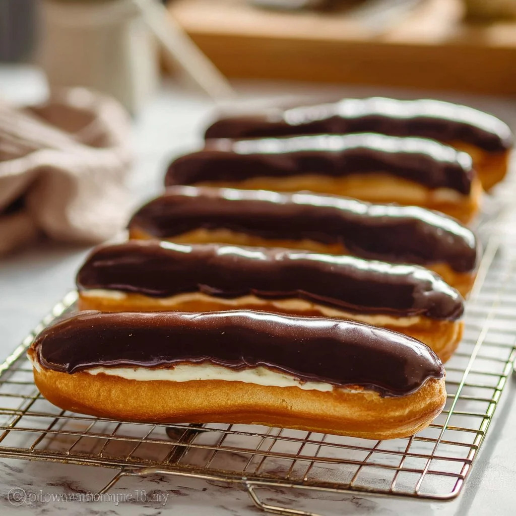 Delicious classic eclairs filled with cream and topped with chocolate glaze