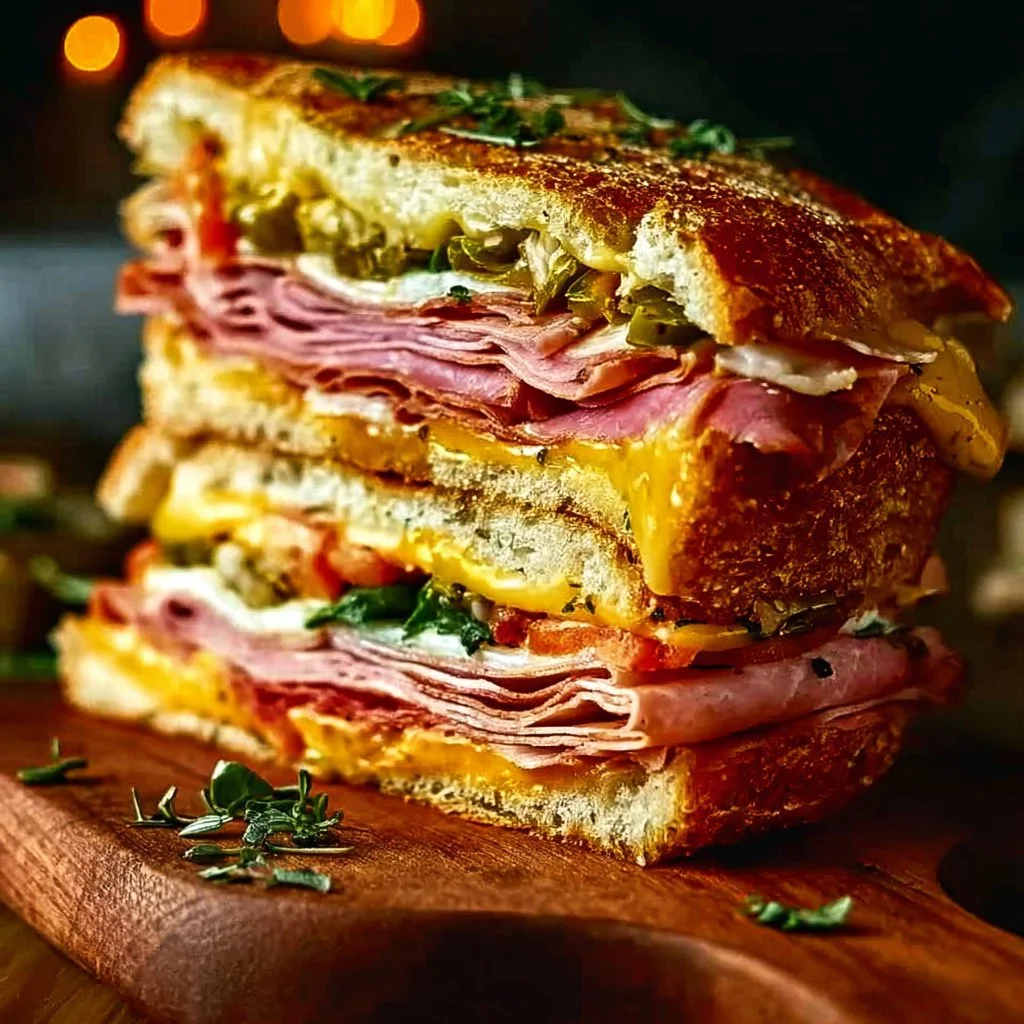 Classic Italian muffuletta sandwich with meats, cheeses, and olive tapenade