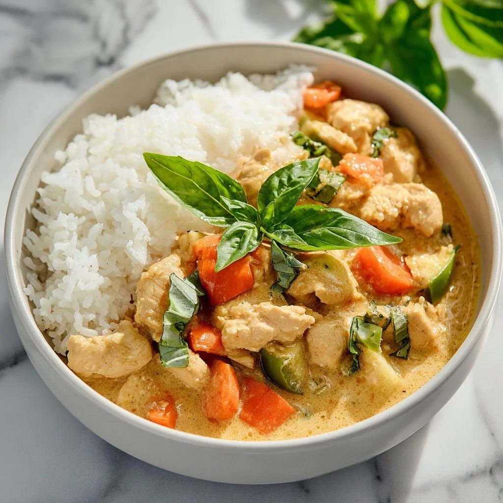 Bowl of Coconut Chicken Chili garnished with herbs and spices