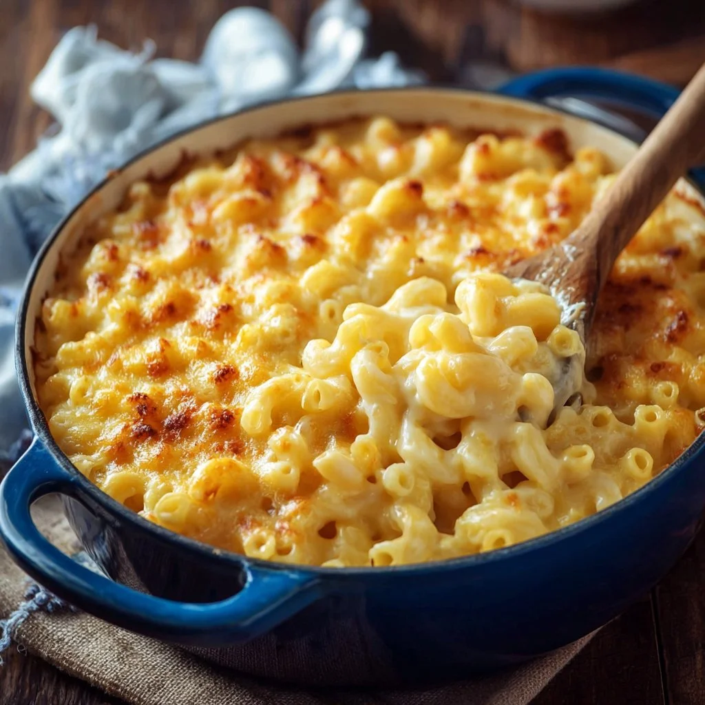 Delicious Corn Mac & Cheese Bake served in a casserole dish