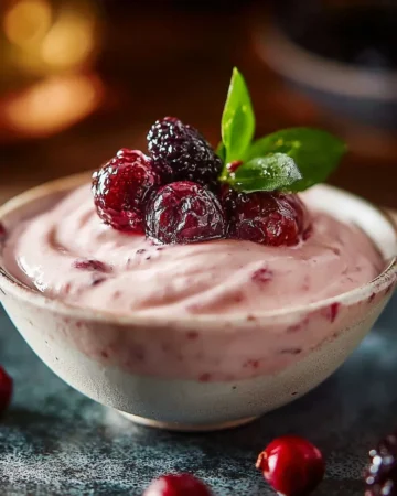 Homemade Cranberry Aioli sauce served in a bowl with fresh herbs.