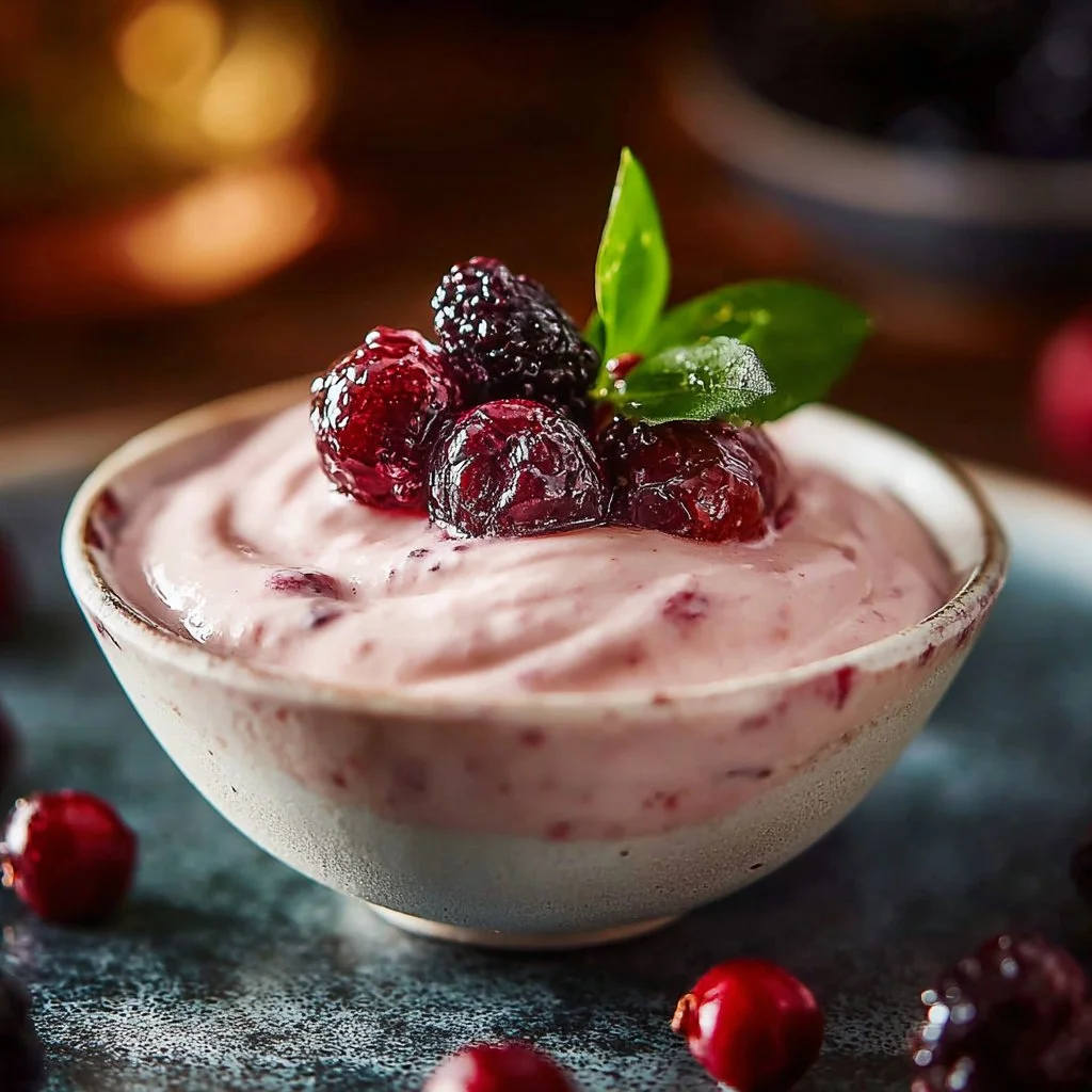 Homemade Cranberry Aioli sauce served in a bowl with fresh herbs.