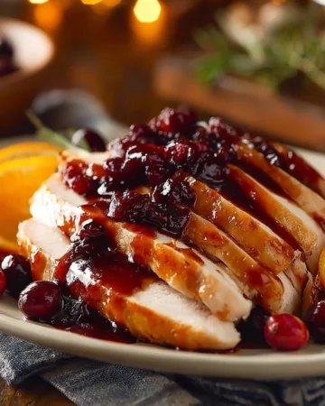 Cranberry Orange Glazed Turkey garnished with cranberries and oranges