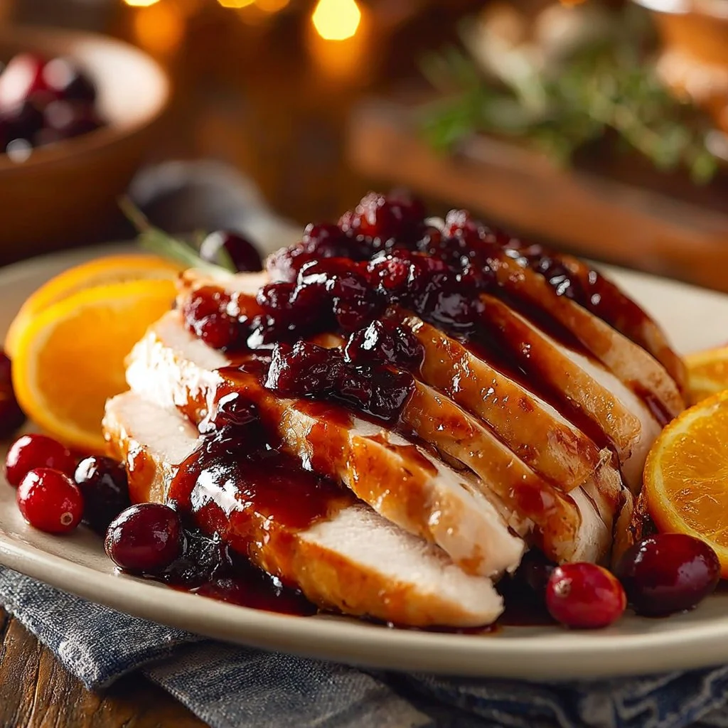 Cranberry Orange Glazed Turkey garnished with cranberries and oranges