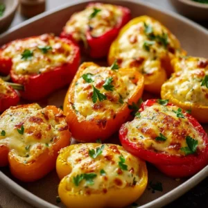 Cream cheese stuffed mini peppers garnished on a plate.