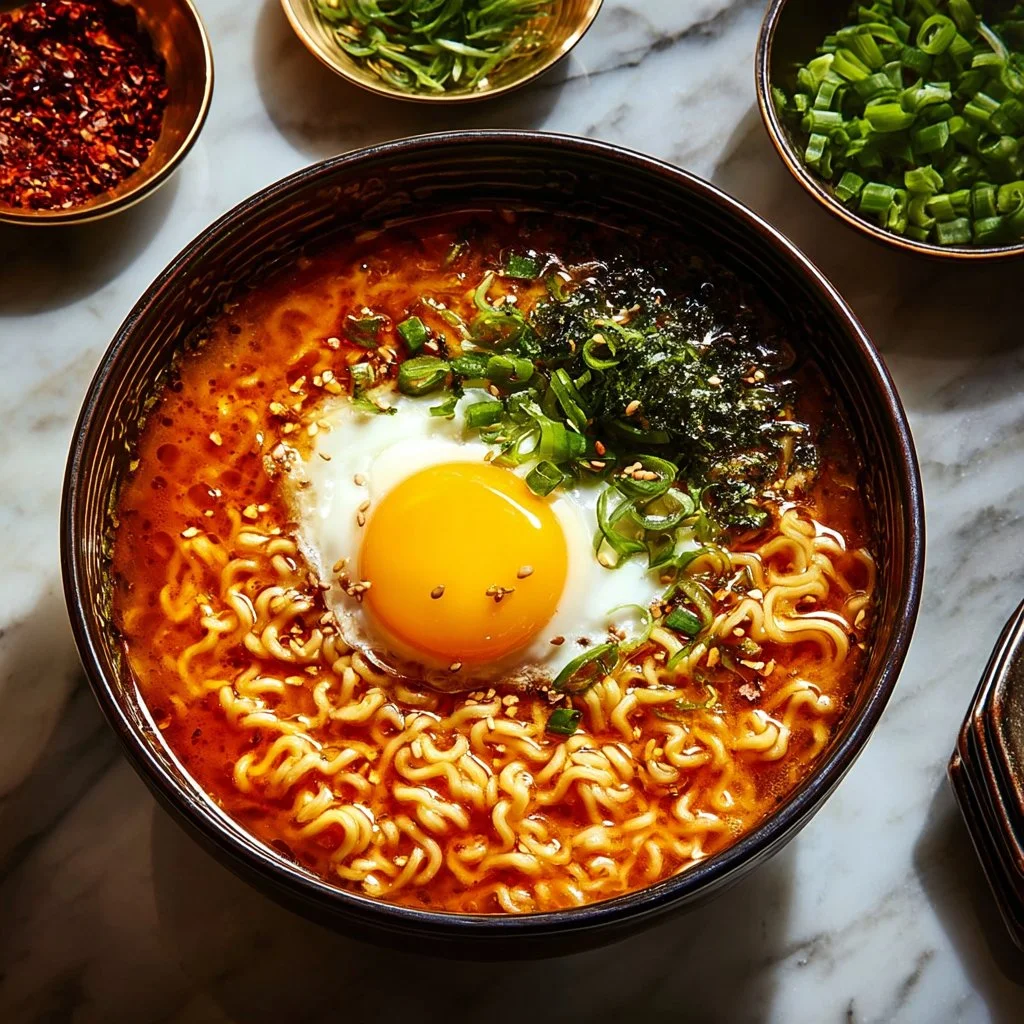 Delicious creamy Buldak Ramen topped with a soft-boiled egg
