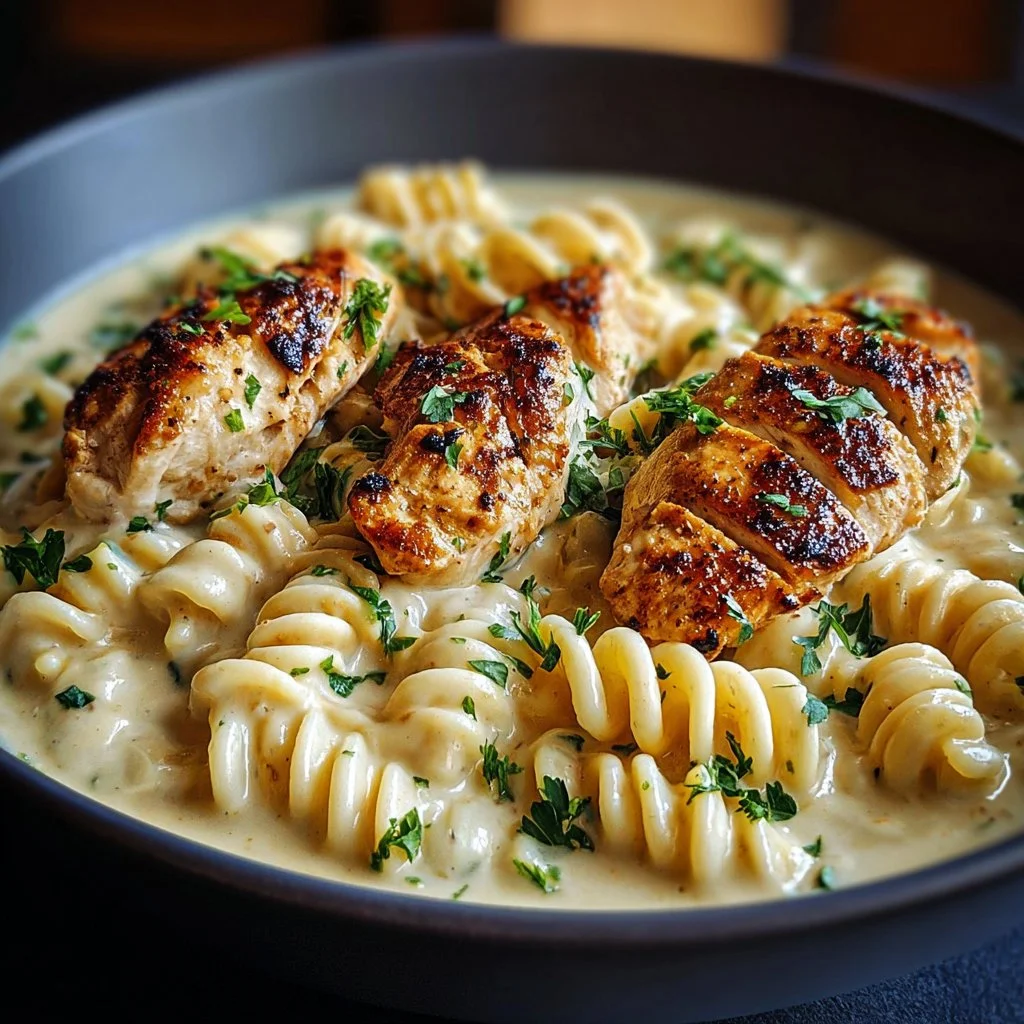 Creamy garlic butter chicken served with rotini in Parmesan sauce