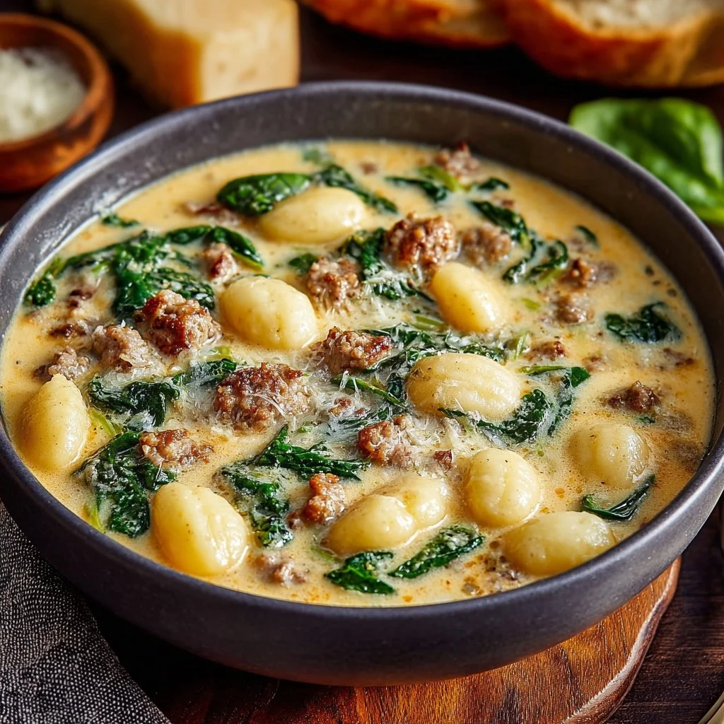 Creamy Italian sausage gnocchi soup served in a bowl, garnished with herbs.