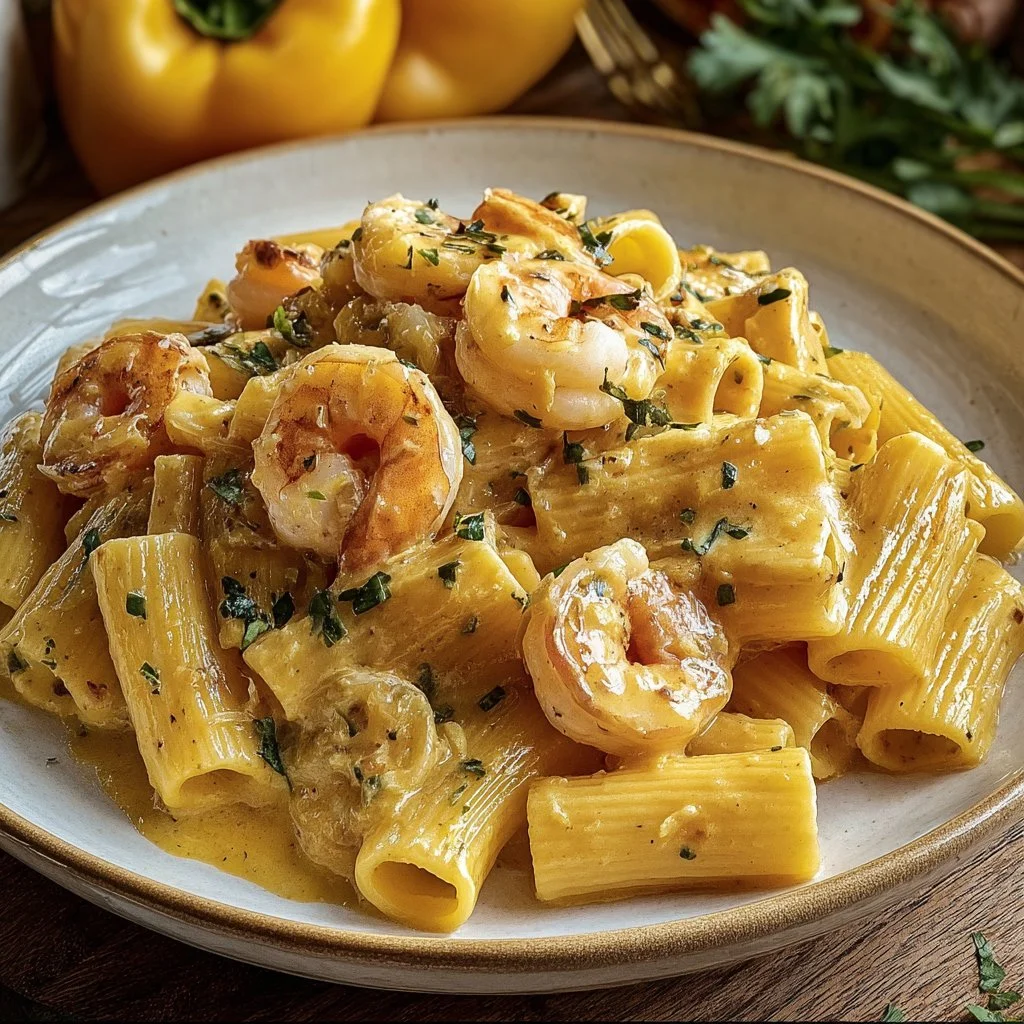 Creamy Jamaican shrimp Rasta pasta dish with vibrant colors and spices.