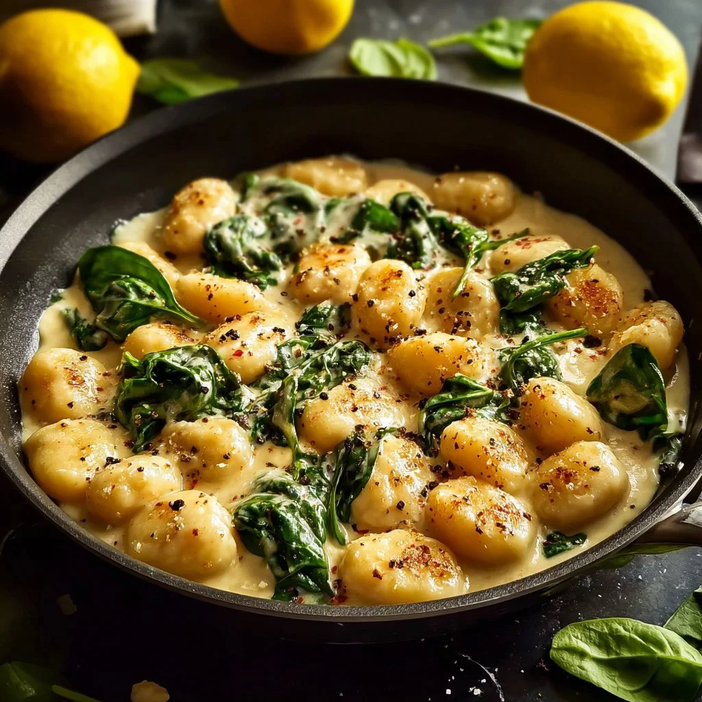 Creamy Lemon Garlic Chicken Gnocchi Skillet served in a skillet