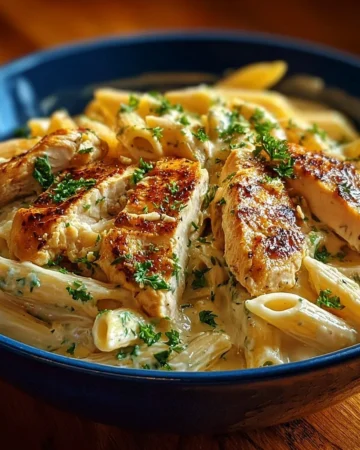 Creamy Parmesan chicken served with penne pasta in a bowl
