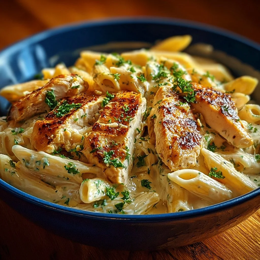 Creamy Parmesan chicken served with penne pasta in a bowl