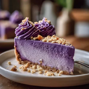 Creamy purple yam cheesecake served on a white plate