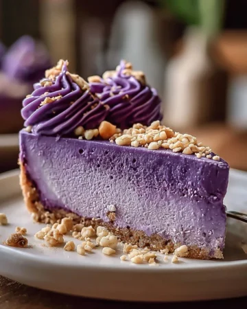 Creamy purple yam cheesecake served on a white plate