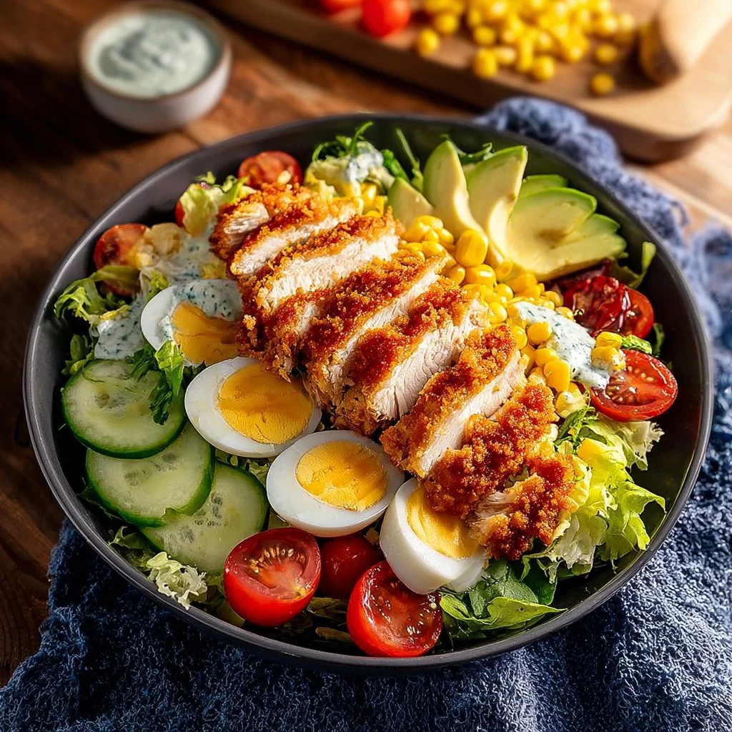 Crispy chicken salad with fresh vegetables and dressing