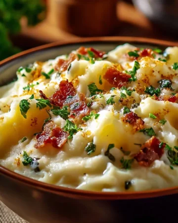 Crockpot Cheesy Potato Casserole topped with melted cheese and herbs