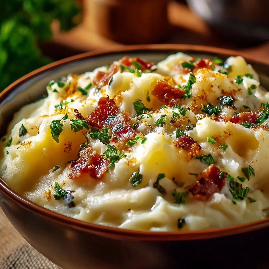 Crockpot Cheesy Potato Casserole topped with melted cheese and herbs