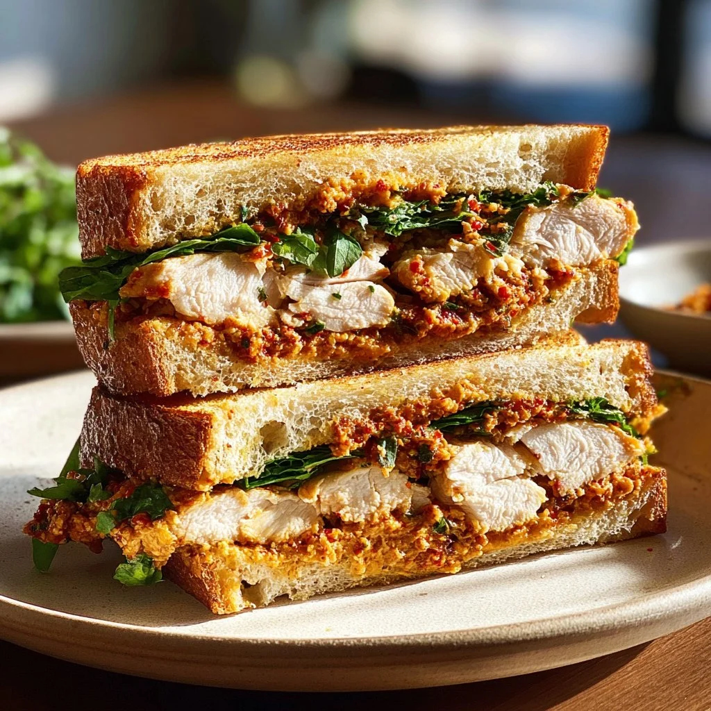 Crunchy Chicken Romesco Sandwich with vibrant sauce and crispy chicken