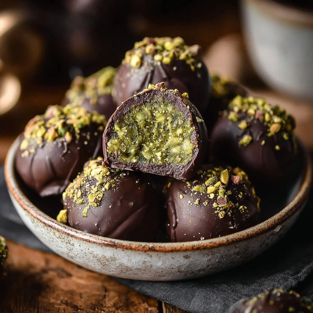Delicious Dubai chocolate balls with pistachio kunefe topping.