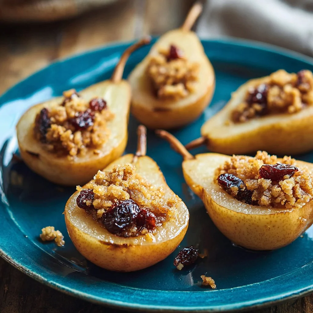 Delicious easy baked pears topped with cinnamon and nuts on a plate