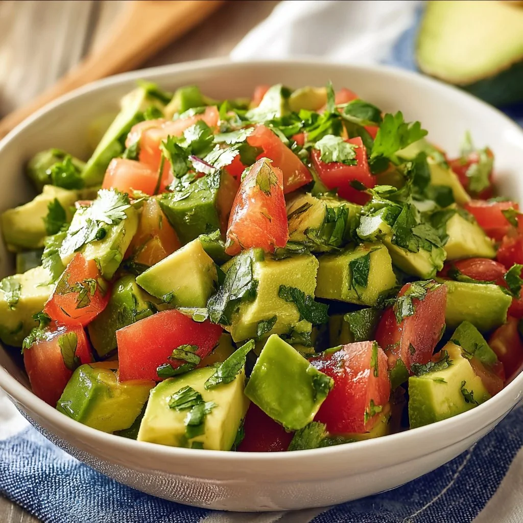 Fresh cucumber avocado salad with vibrant vegetables and dressing