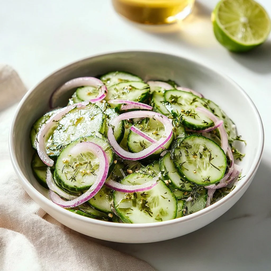Fresh and easy cucumber salad with herbs and vinaigrette dressing