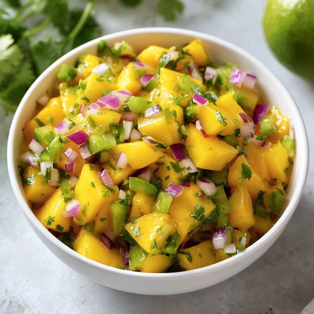 Bowl of vibrant mango salsa with diced mango, red onion, and cilantro