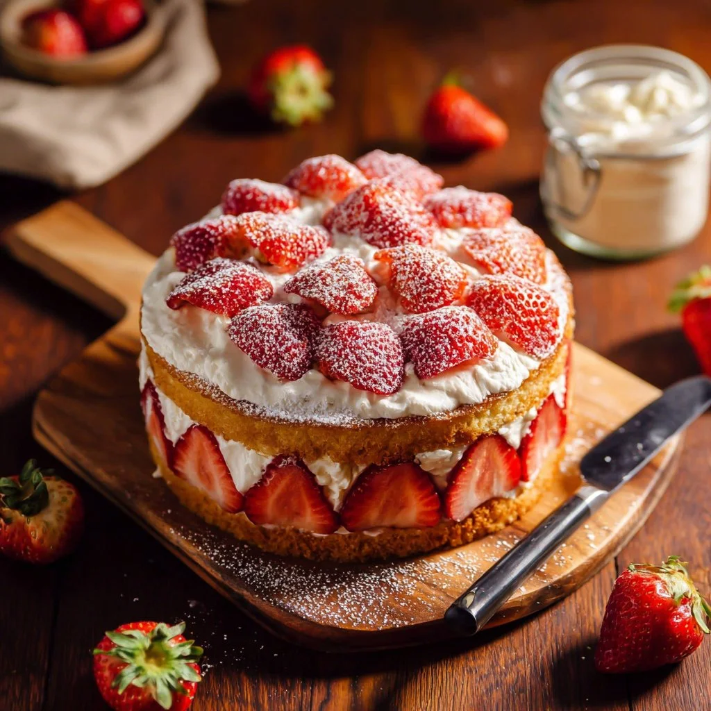 Delicious easy strawberry cake topped with fresh strawberries and whipped cream
