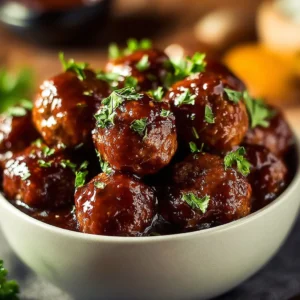 Delicious easy sweet and spicy meatballs garnished and ready to serve.