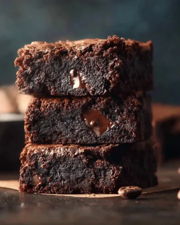 Delicious espresso brownies topped with chocolate drizzle on a wooden table