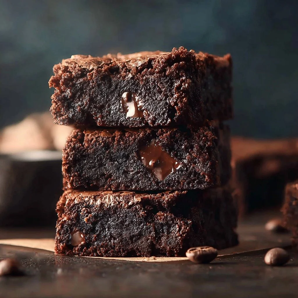 Delicious espresso brownies topped with chocolate drizzle on a wooden table