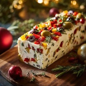 Festive holiday antipasto cream cheese log with assorted toppings and garnishes
