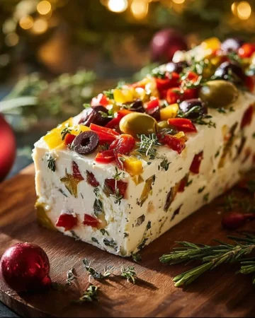 Festive holiday antipasto cream cheese log with assorted toppings and garnishes