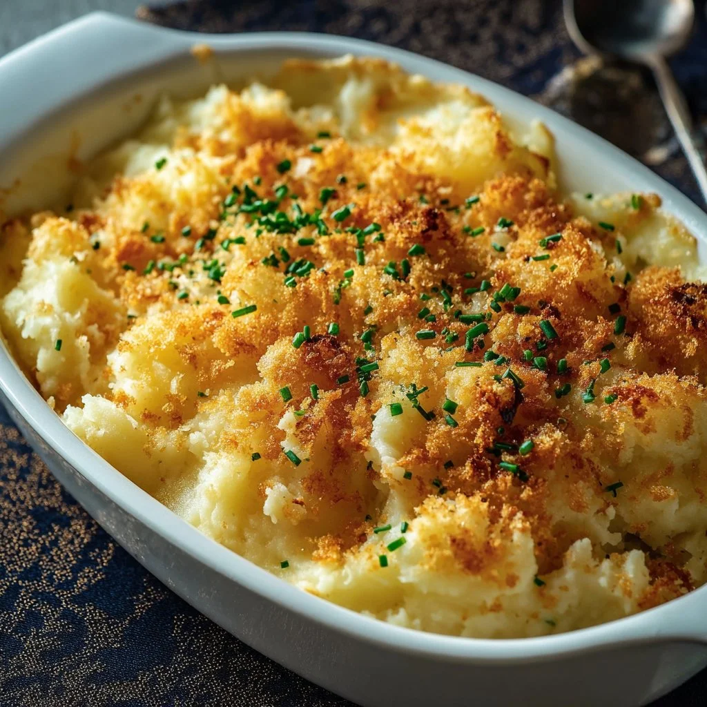A comforting dish of cheesy funeral potatoes baked to golden perfection.