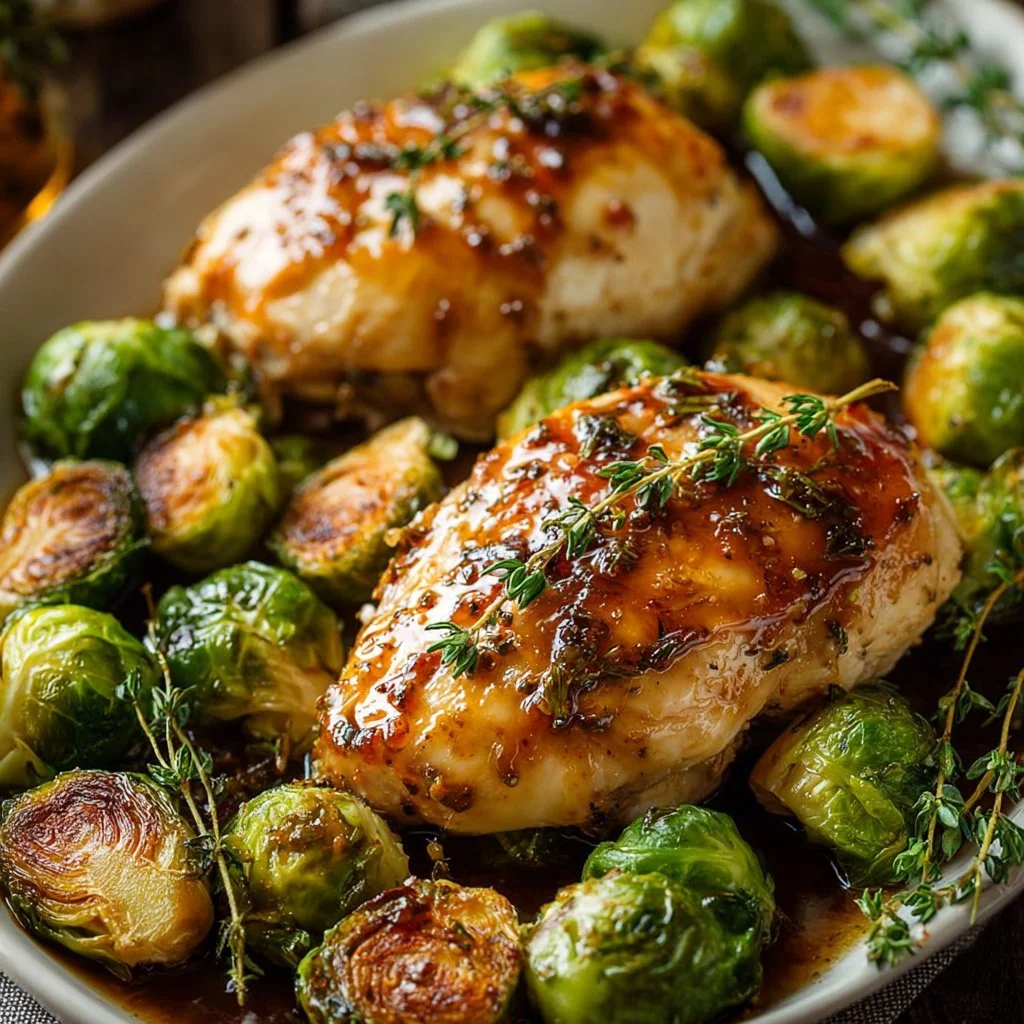 Garlic Dijon Chicken served with Brussels Sprouts on a plate