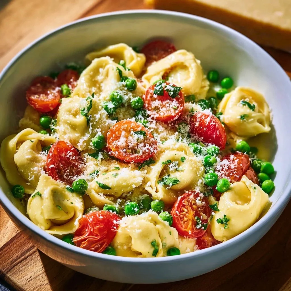Delicious Garlic Parmesan Tortellini Salad garnished with fresh herbs and cheese.